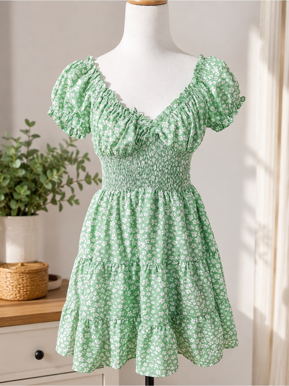 Princess Polly Mint Green Floral Smocked Mini Dress